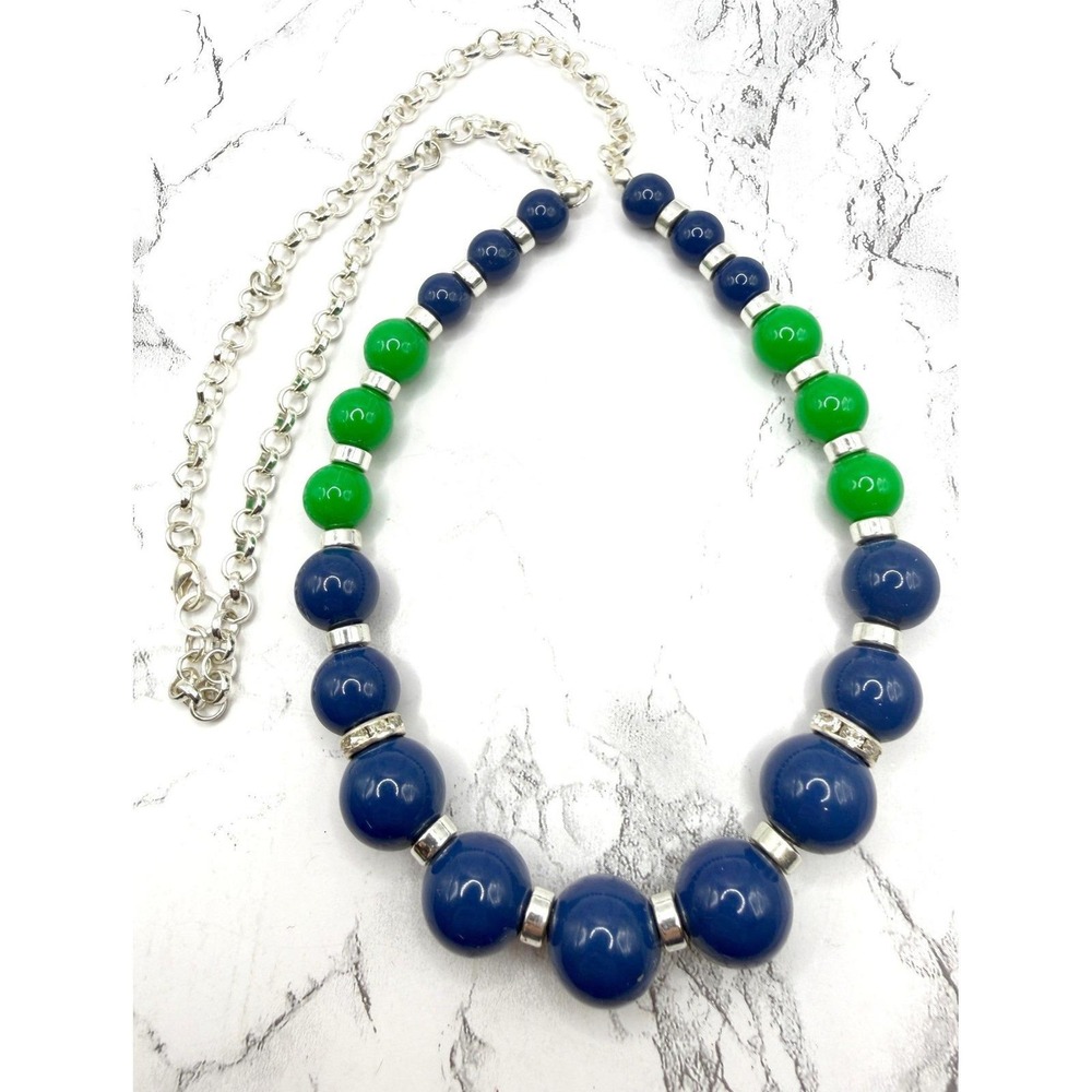 Blue Green Beaded‎ Necklace Silver Tone Rhinestone Spacers 28"